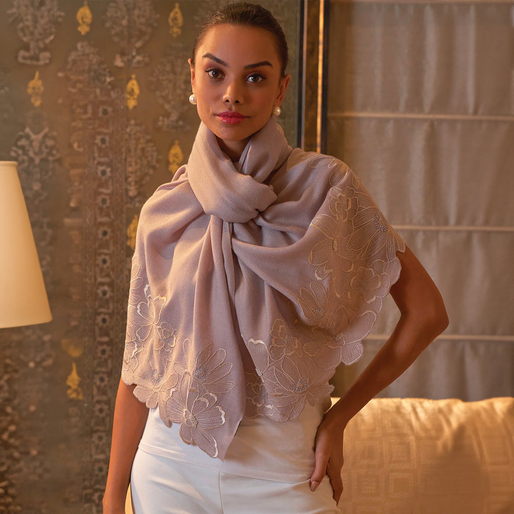 Magnolia Bloom | Embroidered Wool Silk Stole