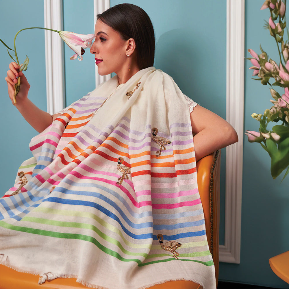Flamingo Style | Embroidered Fine Wool Silk Stripe