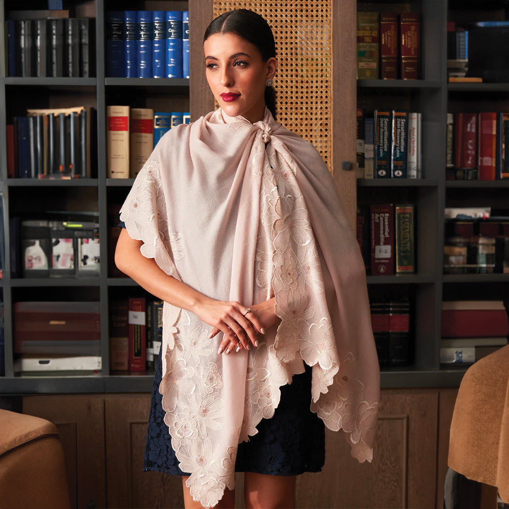 Magnificent Magnolia | Embroidered Fine Merino Wool Stole