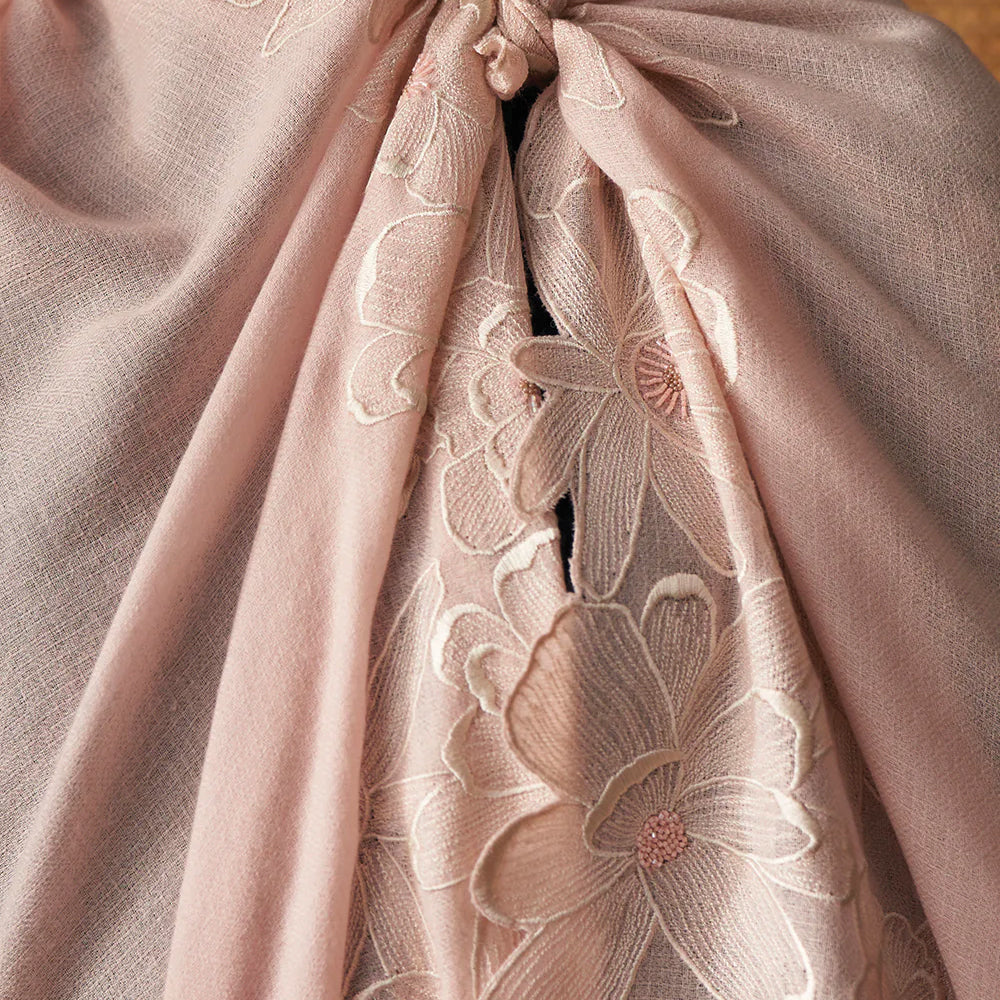 Magnificent Magnolia | Embroidered Fine Merino Wool Stole